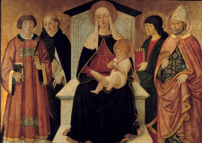 Panna a dítě Panna je obklopena svatým Laurentem jáhnem, svatým Petrem, svatým Janem, svatým Blaise de Sebaste. Oltářní obraz od Piera Francesca Fiorentina (činný kolem 1475-1500) 1490. Sun. 132x143m. Avignon, Musee du Petro Palais od Pier Francesco Fiorentino