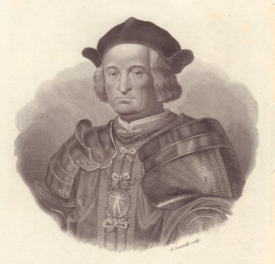 Portrét italského vojevůdce a politika Gian Giacomo Trivulzio (1440-1518), mědirytina od Locatelliho od Blaise Nicolas Le Sueur