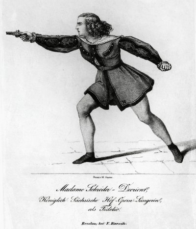 Portrét Wilhelmine Schroder-Devrient (1804-1860), německá sopranistka, v roli Leonory ve Fideliovi nebo manželské lásce, Ludwig van Beethoven (1770-1827), rytina od Blaise Nicolas Le Sueur