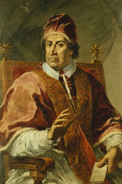 Portrét papeže Klementa XI., sedícího napůl dlouhého, v papežském rouchu, držící dopis, od Pier Leone Ghezzi