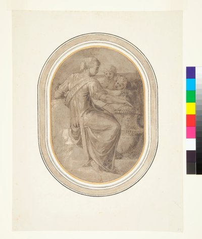 Sibyla s vázou a dvěma putti, kolem 1540 (kresba štětcem v hnědé barvě s trochou pero zvýrazněnou bílou na šedém podkladu) od Piero (attr. to) Ligorio
