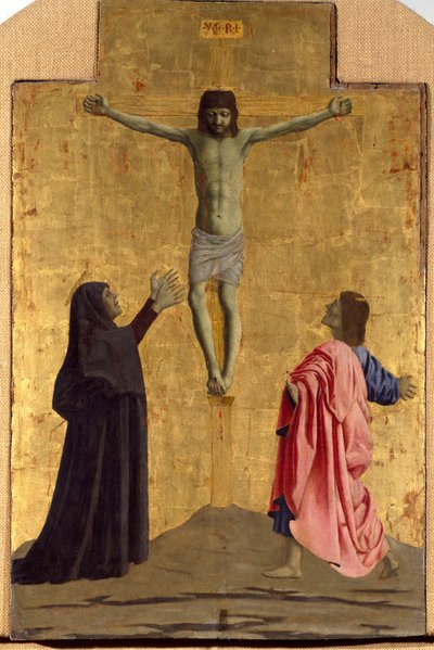 Polyptik z Misericorde: Panna z Misericorde, obklopená svatými. Detail znázorňující ukřižování s nápisem „“ INRI““ na kříži Dřevomalba od Piera della Francesca (1415/20-1492) 1445-1460 Rozm. 81x52,5 cm Sansepolcro, Pinacoteca C od Piero della Francesca