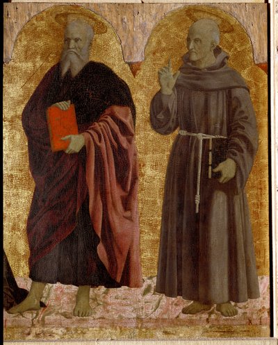 Polyptik z Misericorde: Panna z Misericorde, obklopená svatými. Detail zobrazující svatého André a svatého Bernardina ze Sieny (Bernardino da Siena nebo Bernardino degli Albizzeschi od Piero della Francesca