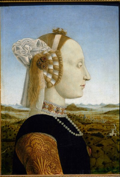 Portrét Battisty Sforzy, manželky Federica da Montefeltro, kolem roku 1465 (tempera a olej na dřevě) od Piero della Francesca