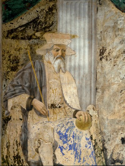 Portrét Sigismonda Pandolfa Malatesty (1417-1468) v modlitbě před San Sigismondo (Sigismondo). Detail světce. Freska od Pietra di Benedetta dei Franceschi dit Piero della Francesca (1422-1492) od Piero della Francesca