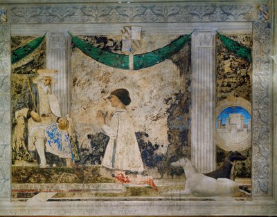 Sigismondo Pandolfo Malatesta, vládce Rimini, klečící před svým patronem, svatým Zikmundem, svatým králem Burgundska (freska) od Piero della Francesca