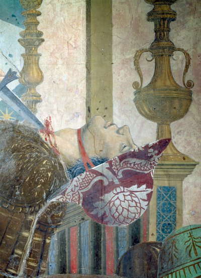 Legenda o pravém kříži, bitva u Heraclia a Chosroes, detail muže s podříznutým hrdlem, dokončená freska z roku 1464 od Piero della Francesca
