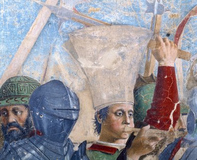 Legenda o pravém kříži, bitva u Heraclia a Chosroes, detail trumpetisty, dokončená freska z roku 1464 od Piero della Francesca