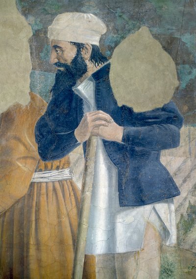 Legenda o pravém kříži, objevení kříže, detail přihlížejícího, dokončená freska z roku 1464 od Piero della Francesca