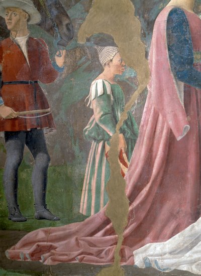 Legenda o pravém kříži, královna ze Sáby uctívající dřevo kříže, detail obsluhy, dokončená freska z roku 1464 od Piero della Francesca