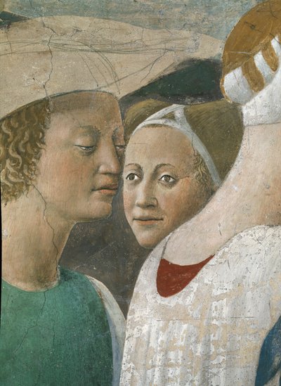 Legenda o pravém kříži, královna ze Sáby uctívající dřevo kříže, detail dvou průvodců, dokončená freska z roku 1464 od Piero della Francesca