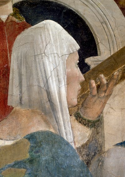 Legenda o pravém kříži, Ověření kříže, detail královny ze Sáby líbající kříž, dokončená freska z roku 1464 od Piero della Francesca