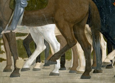 Legenda o pravém kříži, Konstantinovo vítězství v bitvě u Milvijského mostu, detail koňských nohou, dokončená freska z roku 1464 od Piero della Francesca