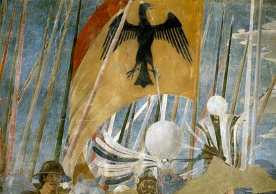 Legenda o pravém kříži, Konstantinovo vítězství v bitvě u Milvijského mostu, detail praporu, dokončená freska z roku 1464 od Piero della Francesca