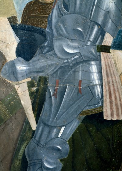 Legenda o pravém kříži, Konstantinovo vítězství v bitvě u Milvijského mostu, detail zbroje, dokončeno 1464 freska od Piero della Francesca