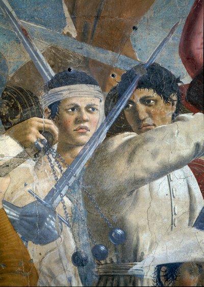 Legenda o pravém kříži, vítězství Herakleia a poprava Chosroes, detail Herakleia a Chosroes, dokončená freska z roku 1464 od Piero della Francesca