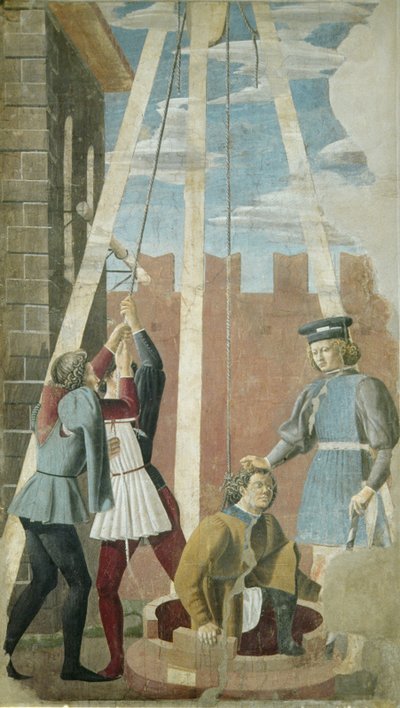 Mučení Žida: Jidáš byl vytažen ze studny, z Pravého křížového cyklu, dokončen 1464 (freska) od Piero della Francesca