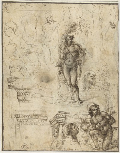 Studijní list s hlavami, postavami a architektonickými fragmenty Studijní list s hlavami, postavami a architektonickými fragmenty od Piero di Cosimo (attributed to)
