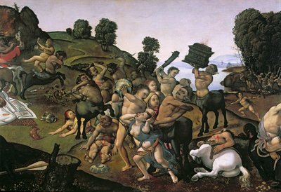 Boj mezi lapithy a kentaury, (detail kentaurů útočících na lapithy) kolem 1490, (olej na dřevě) od Piero di Cosimo