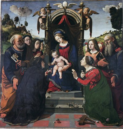 Panna a dítě na trůnu obklopené svatými (olej a tempera na panelu, cca 1493) od Piero di Cosimo