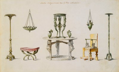 Různé vázy, nábytek, oltáře a stativy objevené v Herculaneum (pero a inkoust a w/c na papíře) od Pierre Adrien Paris