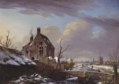 Zimní krajina s postavami u mostu od Pierre François De Noter