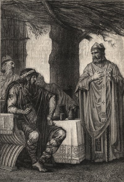 Svatý Řehoř z Tours (538-594) (Řehoř z Tours) proti Chilperikovi I. (539-584), franskému králi z dynastie Merovejců - rytina Pierra Fritela (1853-1942) od Pierre (after) Fritel