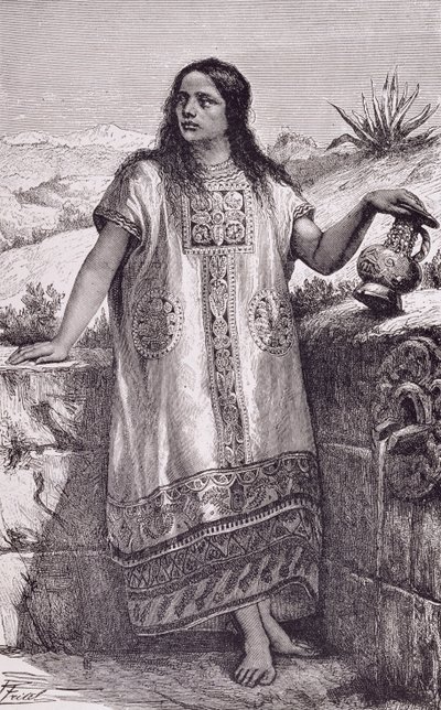 Mladá toltécká dívka, z knihy "The Ancient Cities of the New World", Claude-Joseph-Desire Charnay, vyd. 1887 (rytina) od Pierre (after) Fritel