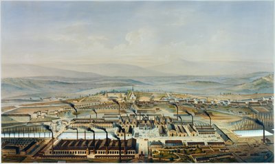Pohled na dílny Creusot a Chateau de la Verrerie, litografie podle akvarelu od Pierra Tremauxe (1818-1895) od Pierre (after) Tremaux