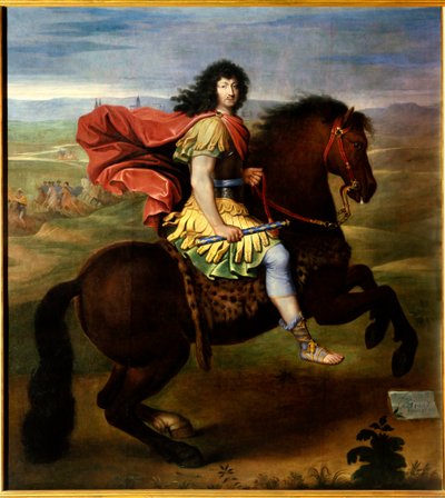 Jezdecký portrét Ludvíka XIV. (37 let). Francouzský král Ludvík XV., známý jako Le Bien Aime (1710-1774), představuje v brnění, sandálových botách a držící modrou hůl s květy lilie. Obraz z dílny Pierra Mignarda (1612-1695) od Pierre (studio of) Mignard