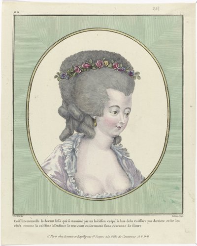 Účesy, pufy, klobouky a čepice: Jedenáct účesů a čelenek Galerie francouzské módy a kostýmů, 1781, oo 218: New Coëffure the front (...) od Pierre Adrien Le Beau