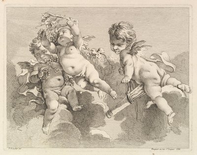 Tři lásky, jedna drží toulec, druhá, hrozny, 1727-60. od Pierre Alexandre Aveline