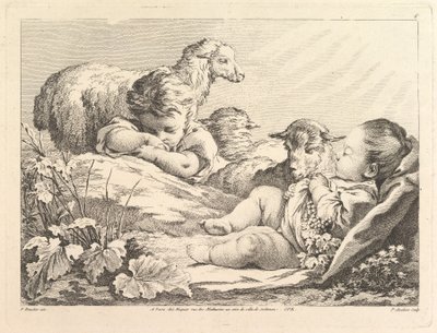 Dvě spící děti se třemi ovcemi, 18. století. od Pierre Alexandre Aveline