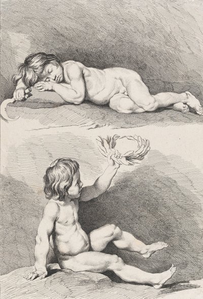 Dvě nahé děti, jedno spí a druhé drží věnec, z New Book of Childr..., 1720-60. od Pierre Alexandre Aveline
