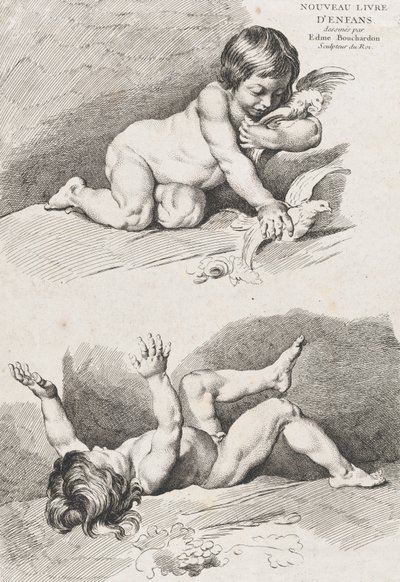 Dvě nahé děti hrající si s listem, z Nové knihy dětí, 1720-60. od Pierre Alexandre Aveline