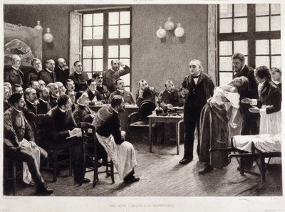 Klinická přednáška Dr. Charcota v Salpetriere v roce 1887. Studenti z katedry profesora Jeana Martina Charcota, který vysvětluje případ Blanche Wittmanové, jeho pacientky a pokusného králíka, dávají přednost jejímu výzkumu hysterie. Byl asistentem Jo od Pierre Andre (after) Brouillet