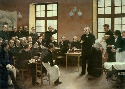 Klinická přednáška Dr. Charcota v Salpetriere v roce 1887. Studenti katedry profesora Jeana Martina Charcota (1825-1893), který vysvětluje případ Blanche Wittmanové, jeho pacientky a pokusného králíka, dávají přednost jejímu výzkumu hysterie. Byl oporou od Pierre Andre Brouillet