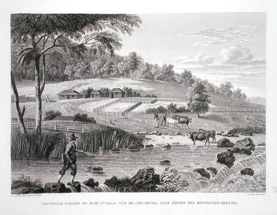 New South Wales, New Holland: Pohled na řeku Cox na západě Modrých hor, z „Voyage Autour du Monde (1817-20)“, Louis Claude Desaulses de Freycinet (1779-1842), vyryto Schroederem, publikováno 1822 -24 (litho) od Pierre Antoine (after) Marchais