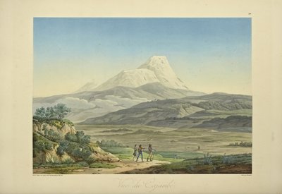 Pohled na Cajambe, vyrytý Bouquetem, ilustrace z „Pohledy na Kordillery a památníky domorodých národů Ameriky“ od Alexandra von Humboldta a Aime Bonpland od Pierre Antoine (after) Marchais