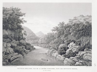 New Holland: Pohled na řeku Warragamba v Modrých horách, z „Voyage Autour du Monde (1817-20)“, Louis Claude De Saulces de Freycinet (1779-1842), vyryto Schroederem, publikováno 1822-24 (li od Pierre Antoine Marchais