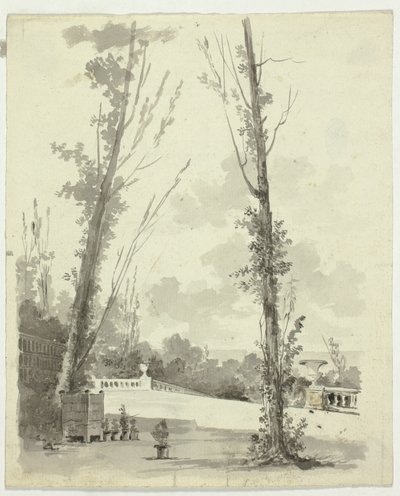Pohled na park ve Versailles: Dva topoly s balustrádovou promenádou v pozadí. od Pierre Antoine Mongin