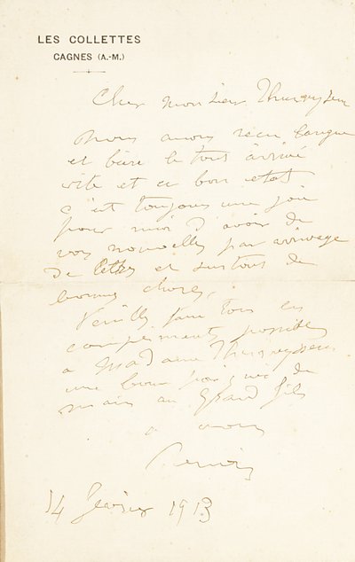 Autogram podepsaný Dr. Fritz Thurneyssen, Paříž a Les Collettes, 24. června 1908 od Pierre-Auguste Renoir