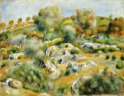 Bretaňská krajina se stromy a skalami od Pierre Auguste Renoir