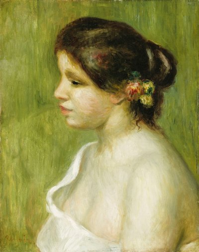 Busta mladé dívky s květinami zdobícími její ucho, 1898 od Pierre Auguste Renoir