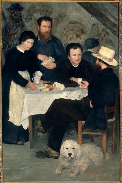 Chez la Mere Antony a Marlotte (Bourron-Marlotte (77)): Claude Monet, Alfred Sisley a Charles Le Coeur u stolu s Mere Anthonym, obraz Pierra Auguste Renoira (1841-1919) od Pierre Auguste Renoir