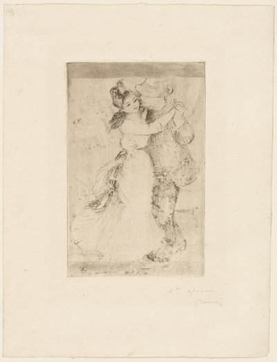 Tanec na venkově, asi 1890 (hnědošedý lept na slonovinovém papíře) od Pierre Auguste Renoir
