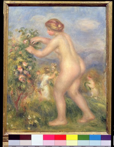 Nahá žena trhá květiny od Pierre Auguste Renoir