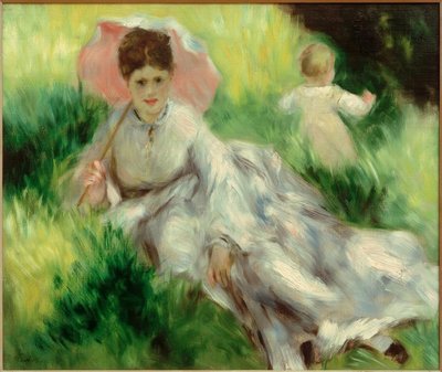 Žena se slunečníkem a dítětem na slunném svahu od Pierre Auguste Renoir