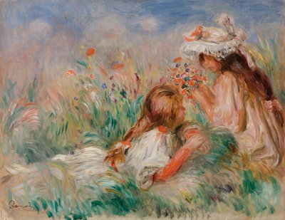 Dívky v trávě aranžování kytice od Pierre Auguste Renoir