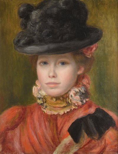Jeune fille au chapeau noir et fleur rouge - Dívka v černém klobouku s červenými květy par Renoir, Pierre Auguste (1841-1919), c. 1890 - Olej na plátně - Soukromá sbírka od Pierre Auguste Renoir